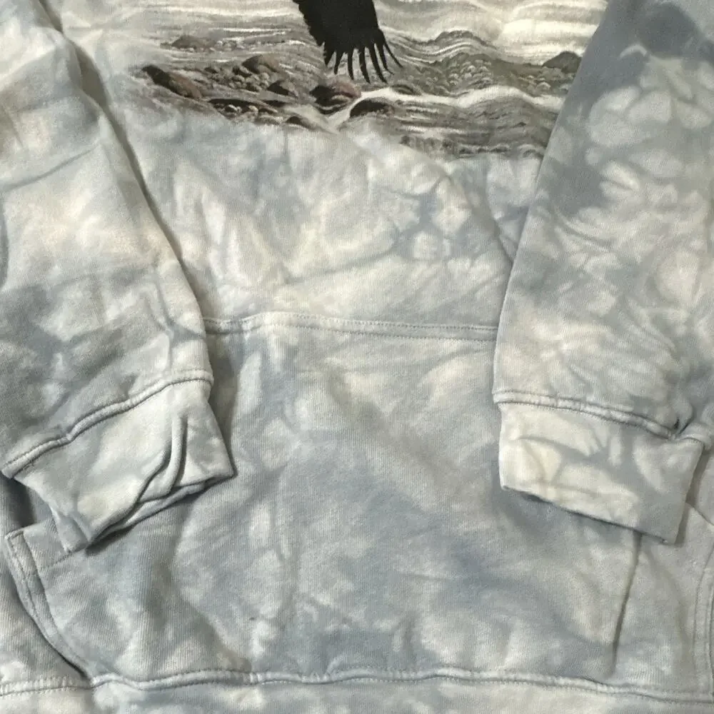 Mountain Men's L Blue/Gray Fleece Pullover Hoodie Tie-Dye Eagle Graphic Pocket - Picture 8 of 10